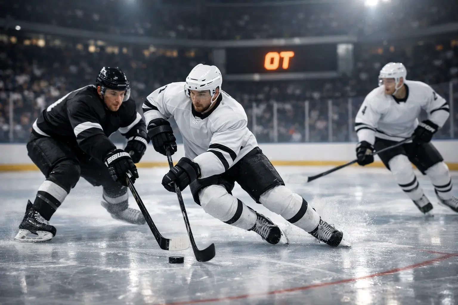 Eishockey-Overtime-Szene mit Spielern auf dem Eis – 3-Weg und 2-Weg Wetten erklärt
