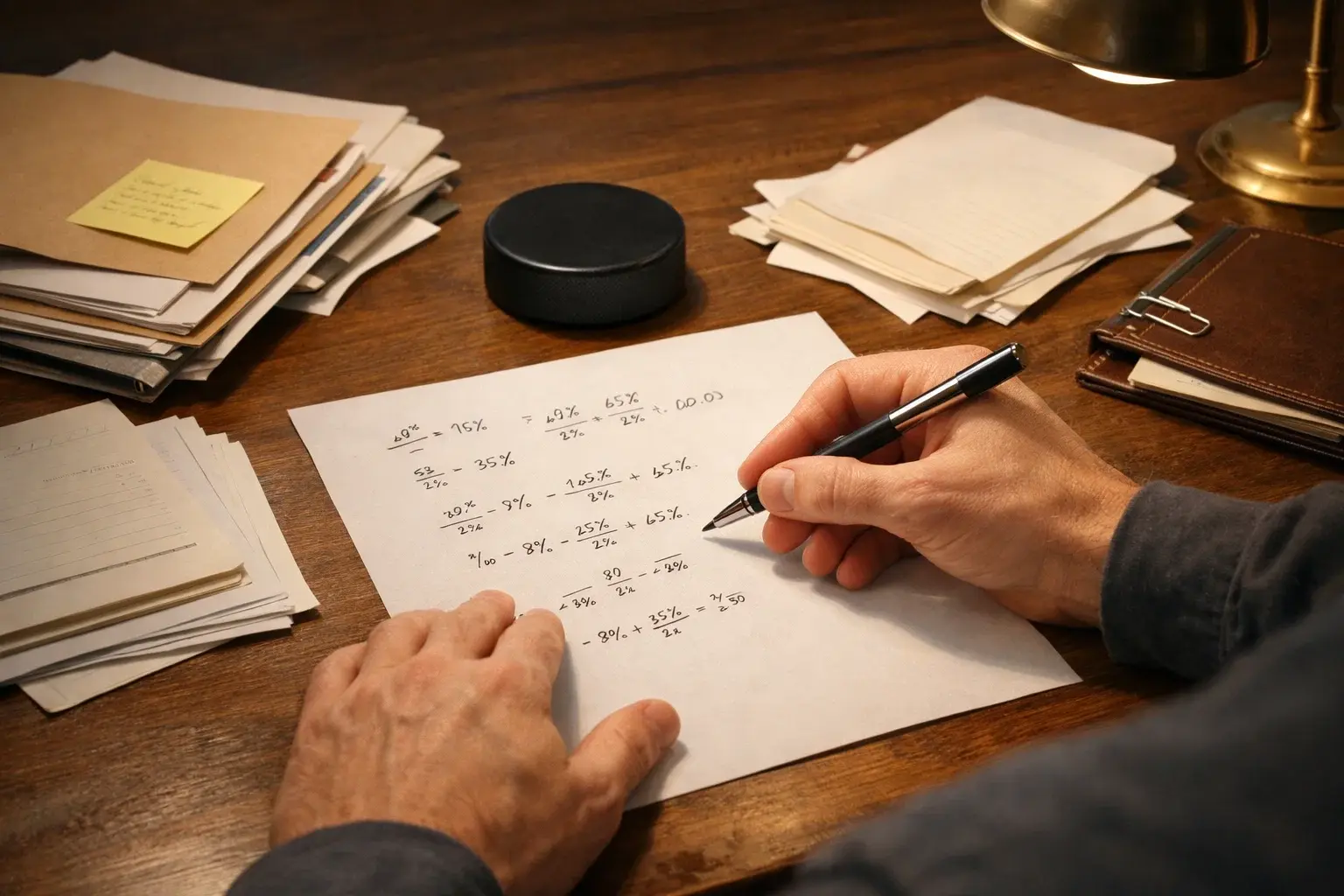 Person analysiert Eishockey-Daten auf Papier – Quoten berechnen und Wahrscheinlichkeit