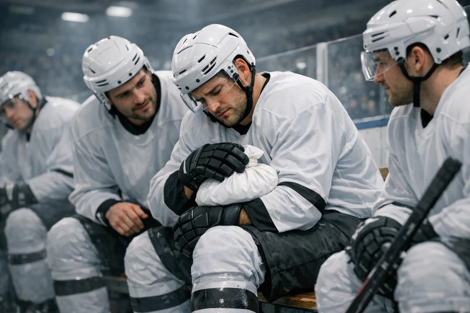 Eishockey-Spieler auf der Bank mit Verband – Verletzungen und ihr Einfluss auf Quoten