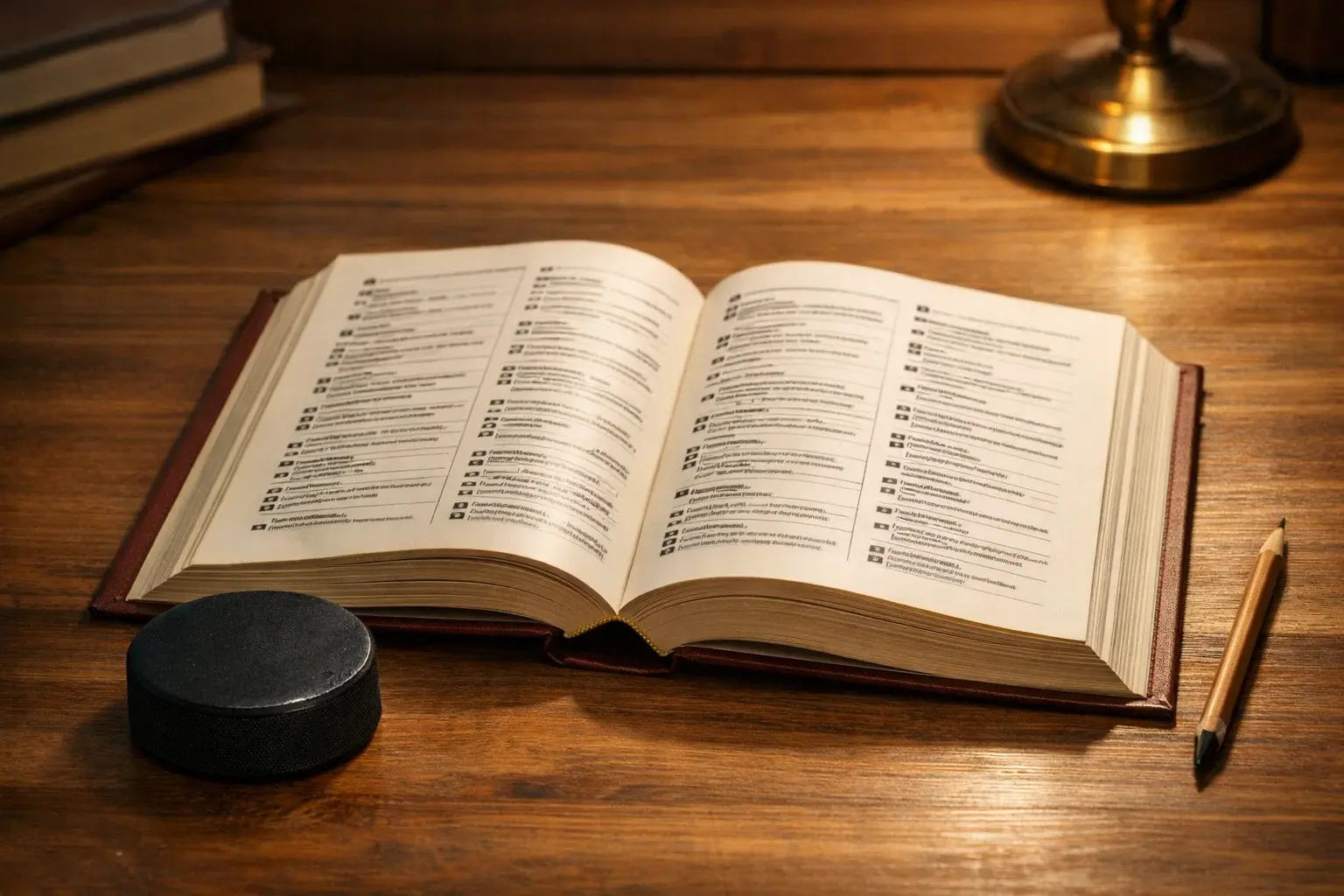 Aufgeschlagenes Wörterbuch mit Eishockey-Elementen – Glossar aller Wettbegriffe