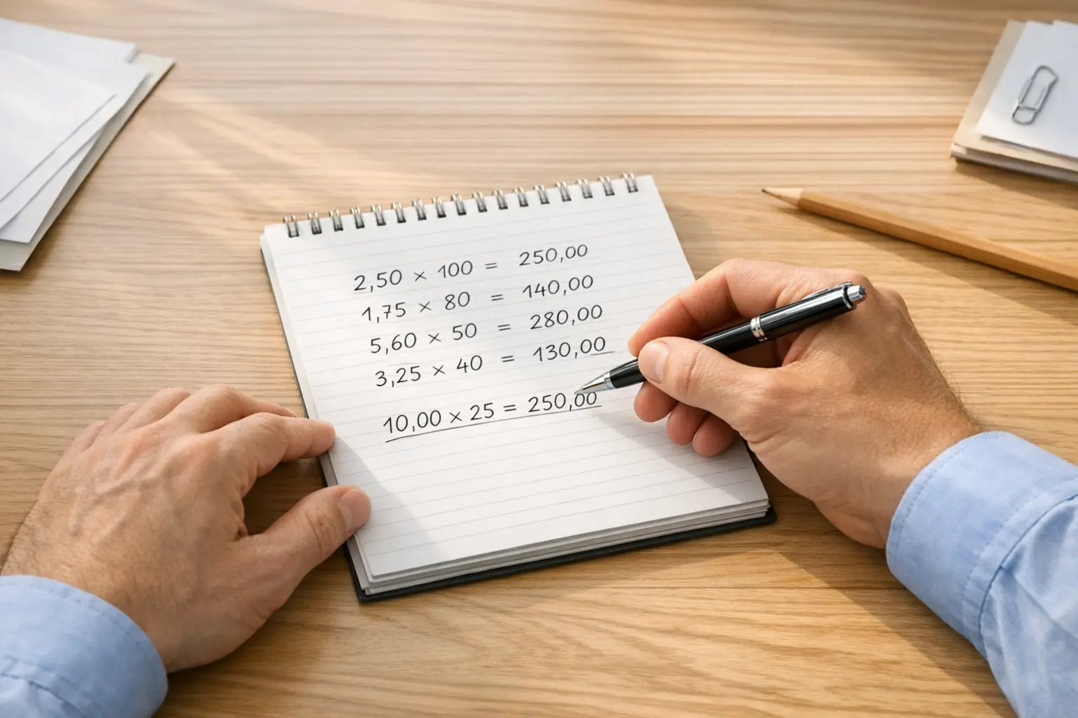 Dezimalquoten und Wettberechnung auf Papier mit Stift